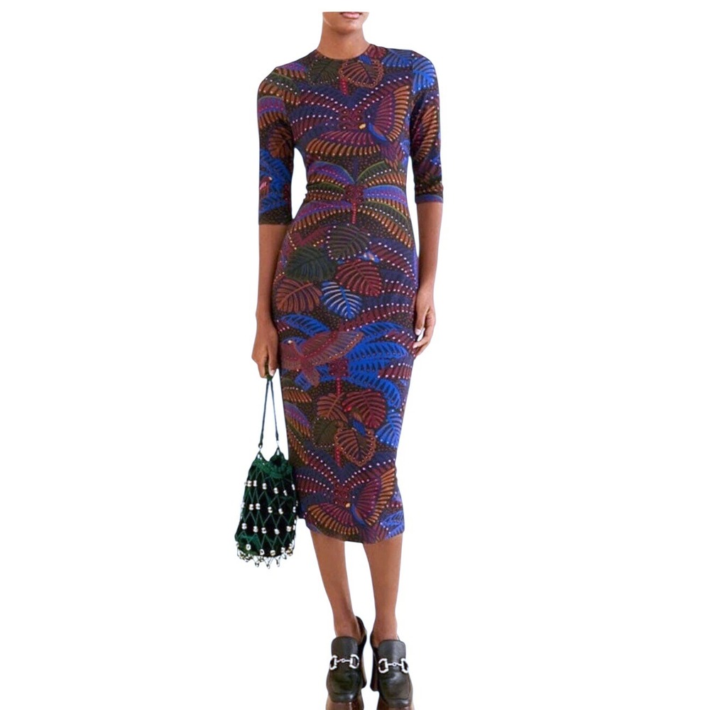 Farm Rio Midnight Island Tropical Print Bodycon Midi Dress Black Multi L